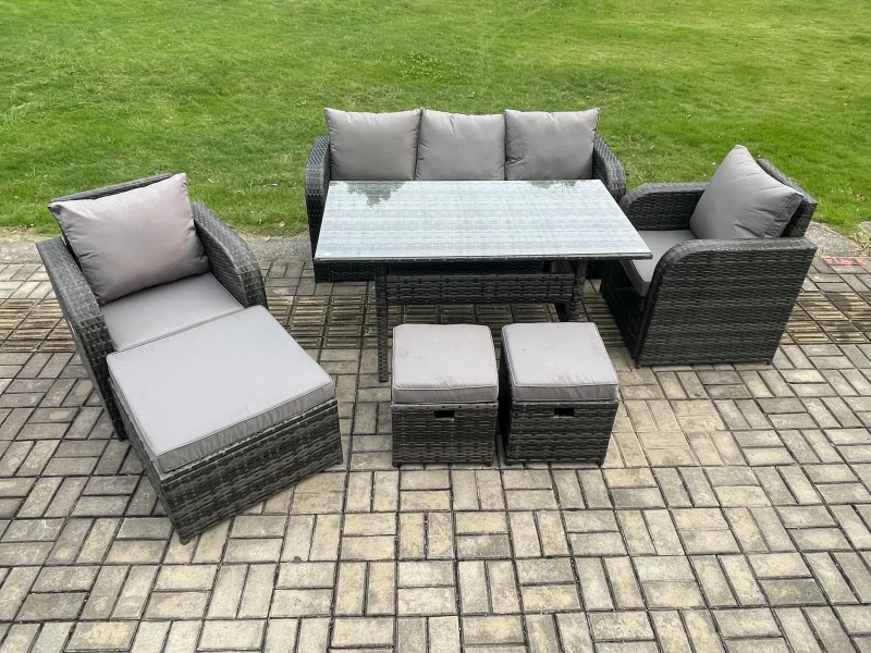 Image of Fimous 8 Seater Rattan Outdoor Garden Furniture Set Rectangular Dining Table & Chair Sofa Set With 3 Footstools in Dark Grey Dark Grey Unisex