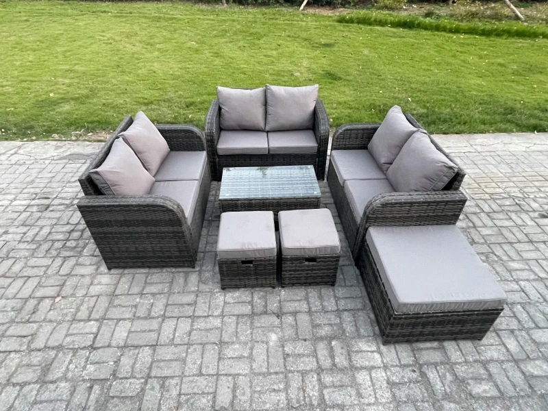 Image of Fimous Outdoor Garden Furniture Sets 9 Seater Wicker Rattan Furniture Sofa Sets with Rectangular Coffee Table Love Sofa 3 Footstools Dark Grey