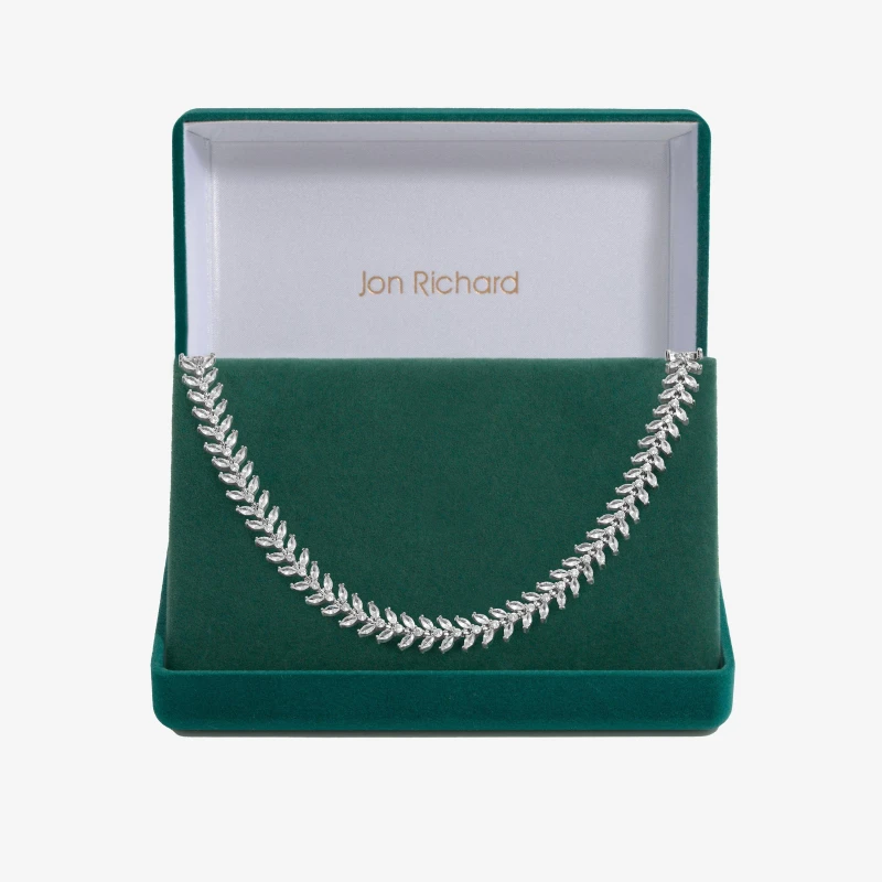 Image of Jon Richard Rhodium Plated Cubic Zirconia Rhodium Plated Leaf Adjustable Toggle Necklace - Gift Boxed Silver