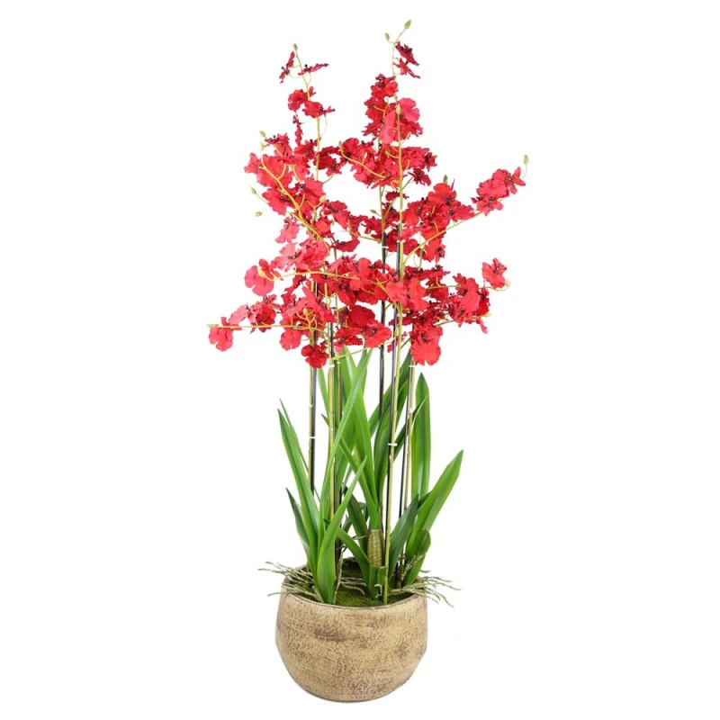 Image of Leaf Artificial Orchid Red in Stoneware Planter Botanik Green
