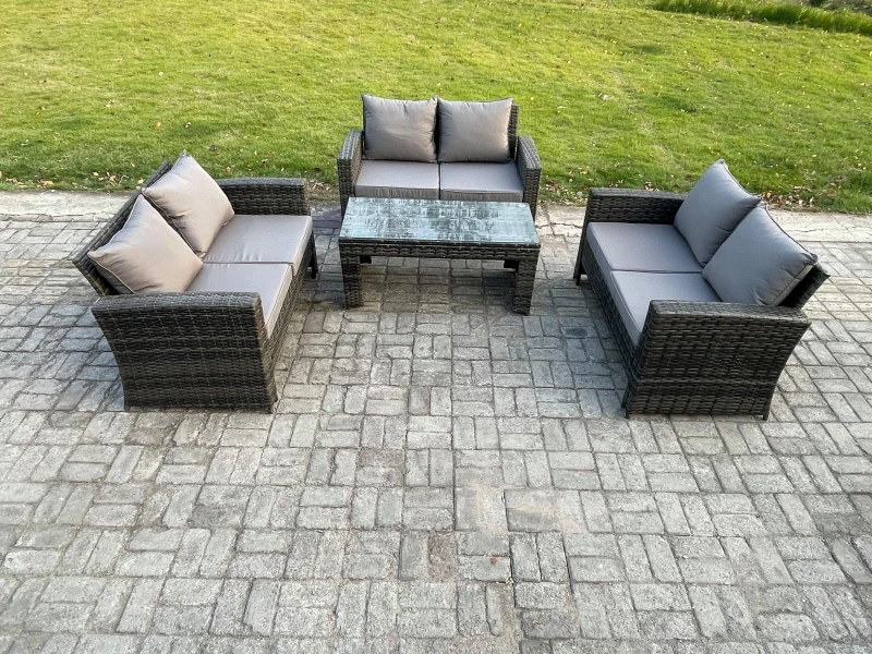 Image of Fimous 6 Seater Rattan Wicker Garden Furniture Patio Conservatory Sofa Set with Coffee Table Double Seater Sofa in Dark Grey Dark Grey Unisex
