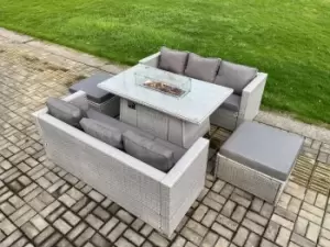 Image of Fimous 6 Seater Outdoor Light Grey Rattan Lounge Complete Sofa Set with Gas Fire Pit Dining Table, Heater and Big Footstool