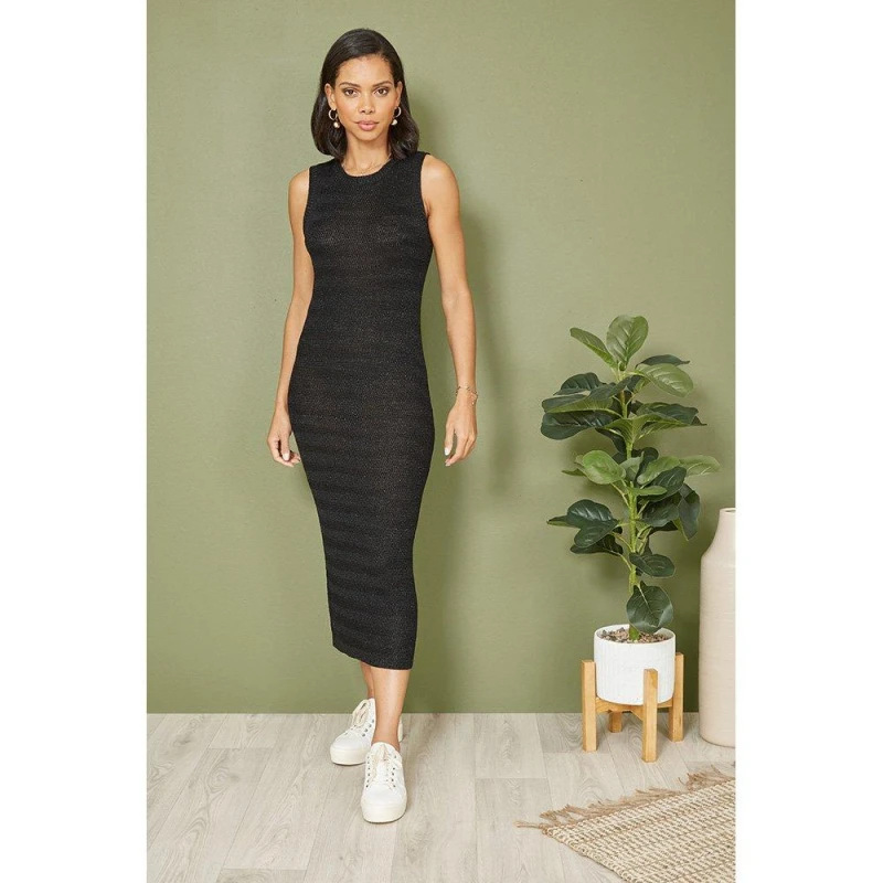 Image of Yumi Black Knitted Sleeveless Midi Dress Black