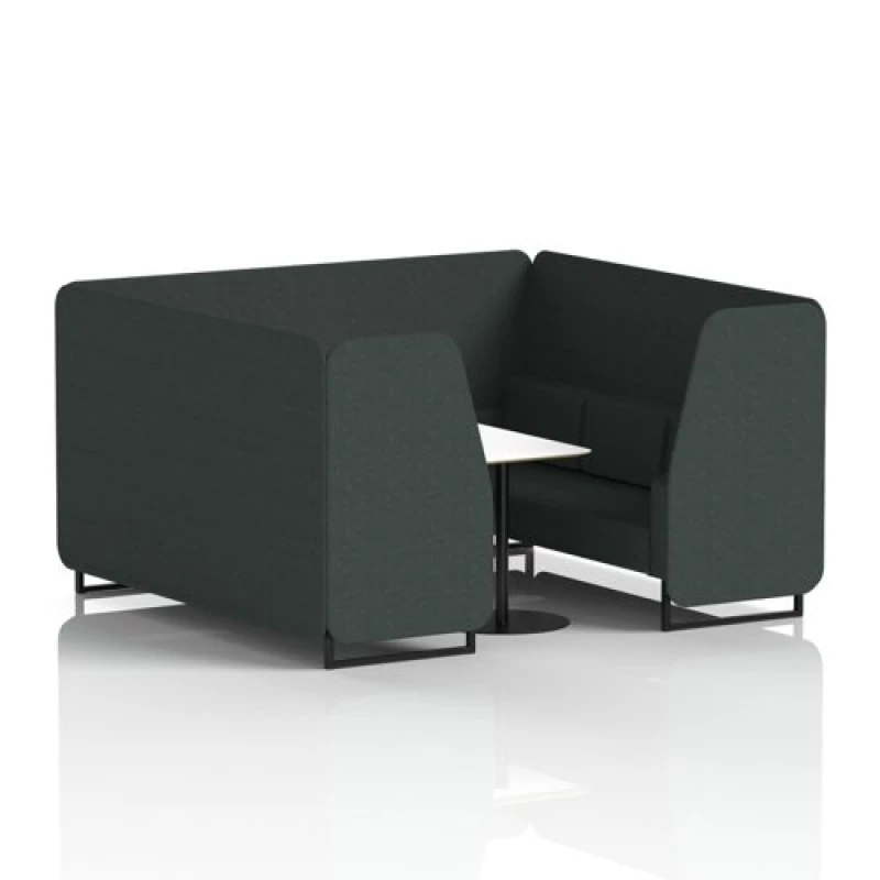 Image of Brixworth 6 Seater Office Booth with Front Panel - Black Legs and White Table with Black Leg in Rivet Fabric - Charcoal Panels and Sofa
