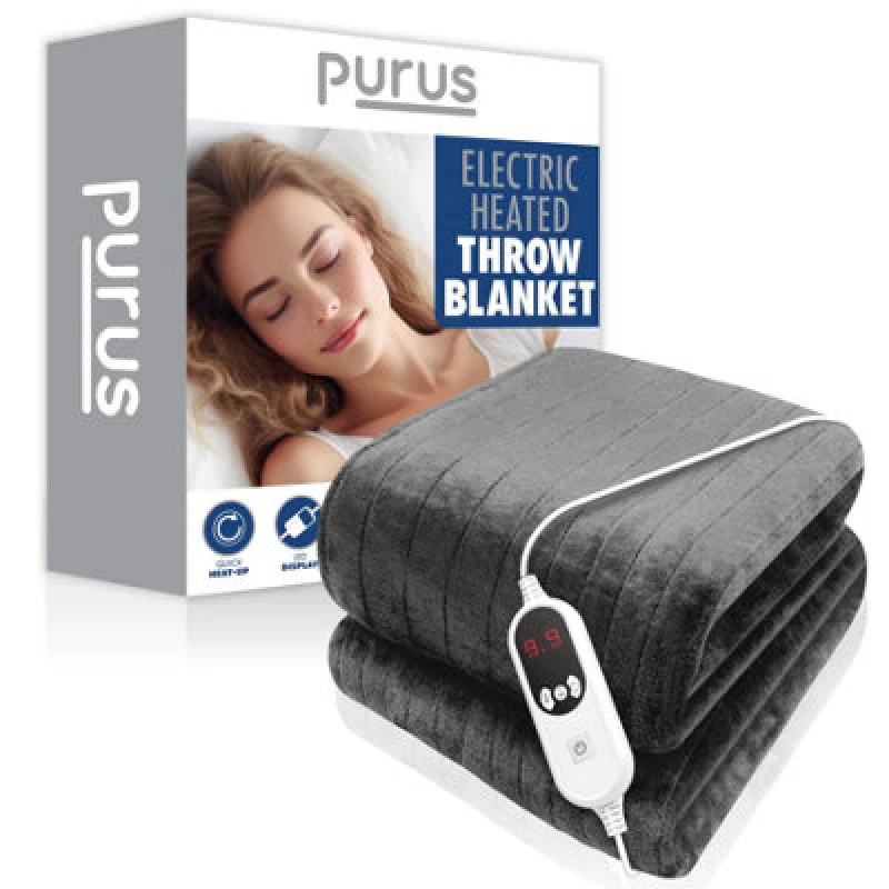 Image of Purus Deluxe Grey Xl Electric Throw Heated Double Over Electric Blanket Soft Fleece 9 Heat & 12 Timer Settings