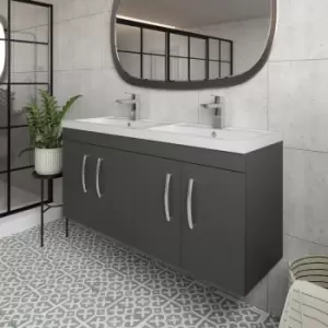 Image of Nuie - Athena Wall Hung 4-Door Vanity Unit with Double Ceramic Basin 1200mm Wide - Gloss Grey
