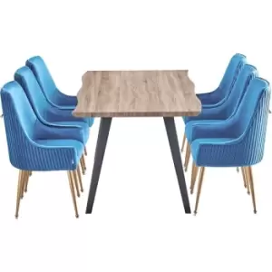 Image of 7 Pieces Life Interiors Soho Rocco Dining Set - a Walnut Rectangular Dining Table and Set of 6 Blue Dining Chairs - Blue
