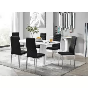 Image of Furniturebox UK - Furniturebox Imperia 6 High Gloss White Modern Dining Table and 6 Milan Faux Leather Dining Chairs With Silver Legs Diamond Stitch