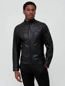 Image of BOSS Josep Leather Biker Jacket - Black, Size 52, Men