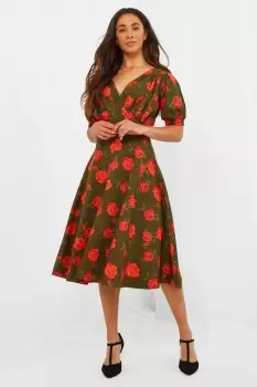 Image of Retro Short Sleeve V Neck Floral Roses Dress