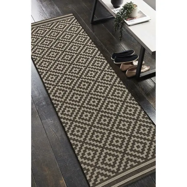 Image of LORD OF RUGS Lord Of Rugs - Patio Diamond Flatweave Garden Kitchen Indoor Outdoor Mono Black Rug Floor Mat Hallway 66 x 240cm (1'x11''x7'10'') Runner