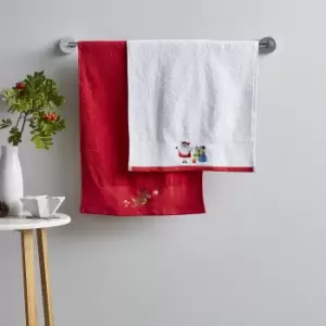 Image of Set of 2 Catherine Lansfield Santa's Reindeer & Christmas Present Guest Towels Red and White
