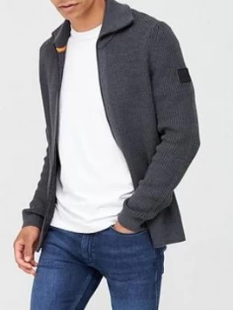 Image of Hugo Boss Kelbow Wool Blend Zip Through Knitted Jumper Grey Size S Men