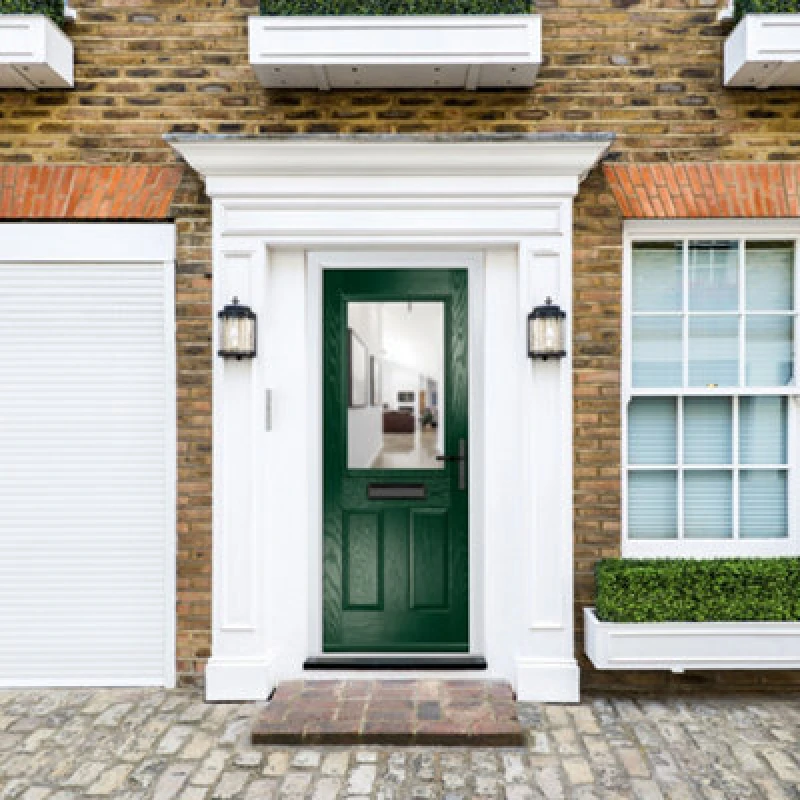 Image of Lacerta Composite Door Lytham Green 920mm X 2090mm Open In Left Hand Clear Glass 10 Year Guarantee - Free Delivery & Smart Lock