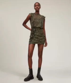 Image of AllSaints Womens Hali Halftone Dress, Khaki/Brown/Black, Size: 8