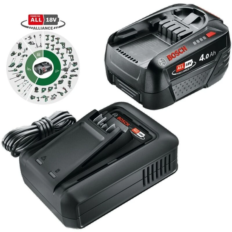 Image of Bosch Genuine GREEN P4A 18v Cordless Li-ion Battery 4ah and Charger Starter Set 1600A039BM Battery Amp Hours: 4ah