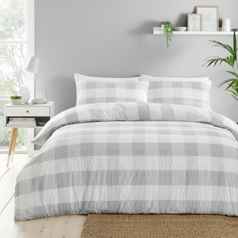 Image of Fusion Seersucker Gingham Textured Duvet Cover Set Silver unisex Double