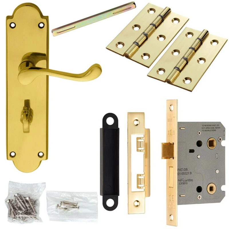 Image of Loops Door Handle & Bathroom Lock Pack Brass Victorian Scroll Ornate Backplate Metallics