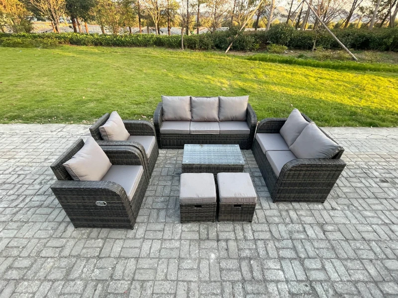 Image of FIMOUS Fimous 9 Seater Rattan Wicker Garden Furniture Patio Conservatory Sofa Set with Rectangular Coffee Table 3 Seater Sofa Love Sofa 2 Small Footst