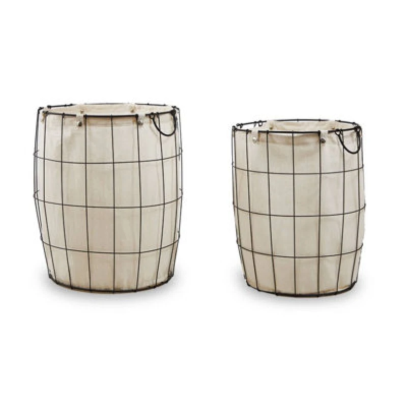 Image of Orsina Set Of Two Matte Black Laundry Baskets, Minimal Laundry Hampers With Cotton Liners, Round Wire Frame Baskets