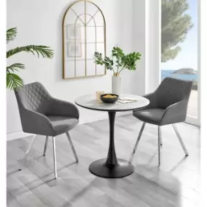 Image of Furniture Box Elina White Marble Effect Round Dining Table and 2 Dark Grey Falun Silver Leg Chairs