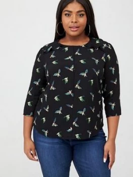 Image of Oasis Curve Bird Print Ladder Trim Sleeved Top - Multi/Black