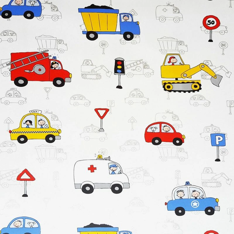 Image of DEBONA Kids City Traffic White Metallic Wallpaper Trucks Cars Fire Engine Police Rasch WL-20007