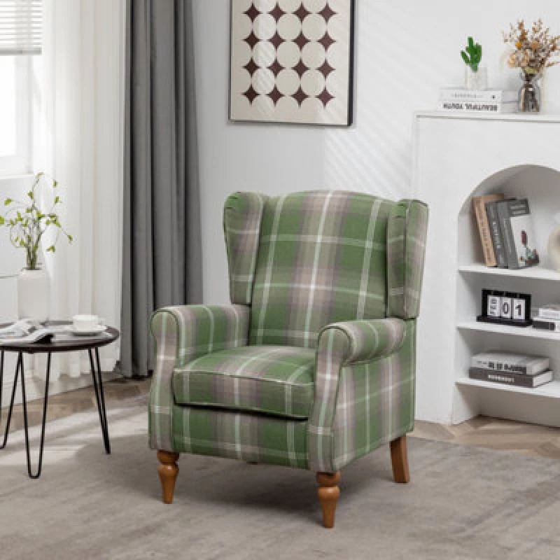 Image of Wingback Tartan Armchair Soft Padded Retro Check Leisure Chair Fabric Lounge For Living Room Bedroom - Green