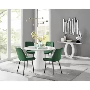 Image of Furniturebox Palma White High Gloss 4 Seat Minimalist Post Modern Round Dining Table & 4 Green Pesaro Black Leg Velvet Chairs