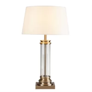 Image of Pedestal 1 Light Glass Table Lamp Antique Brass with Cream Shade, E27