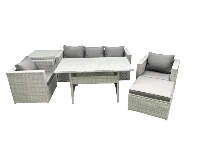 Image of Fimous Garden Dining Set Outdoor Rattan Furniture Set with Sofa Dining Table 2 Chairs Big Footstool Side Table Light Grey Mixed Light Grey