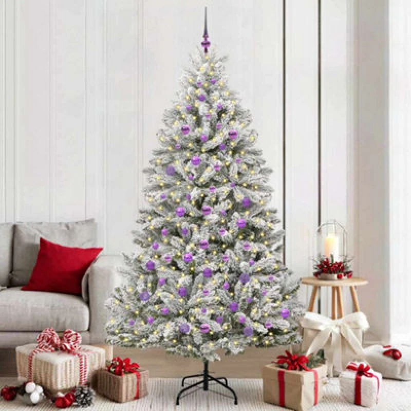 Image of vidaXL Artificial Christmas Tree with Lilac Balls Green and White 210cm PVC and Metal, Green 3395763
