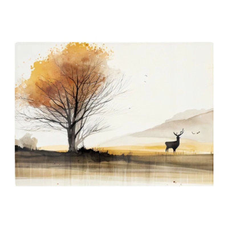 Image of Warren Reed Designer Autumn Landscape Stag Watercolour Glass Chopping Board