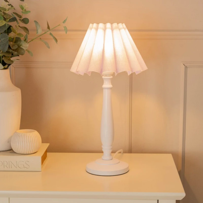 Image of ValueLights Victoria White Wood Candlestick Stem Table Lamp with Scallop Tapered Lamp Shade Lilac
