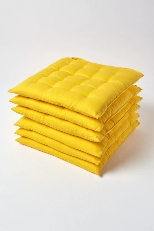 Image of Homescapes Plain Seat Pad with Button Straps, 40 x 40cm, Set of 6 Yellow