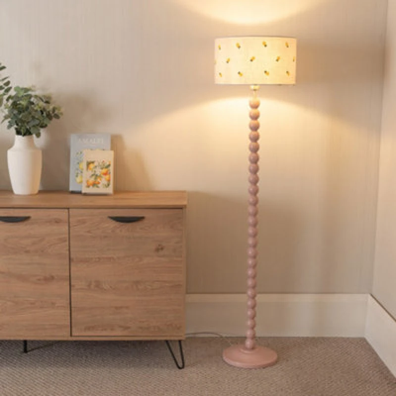 Image of ValueLights Bobbins Painted Rose Floor Lamp with Lemon Embroidered Drum Lamp Shade Pale Pink