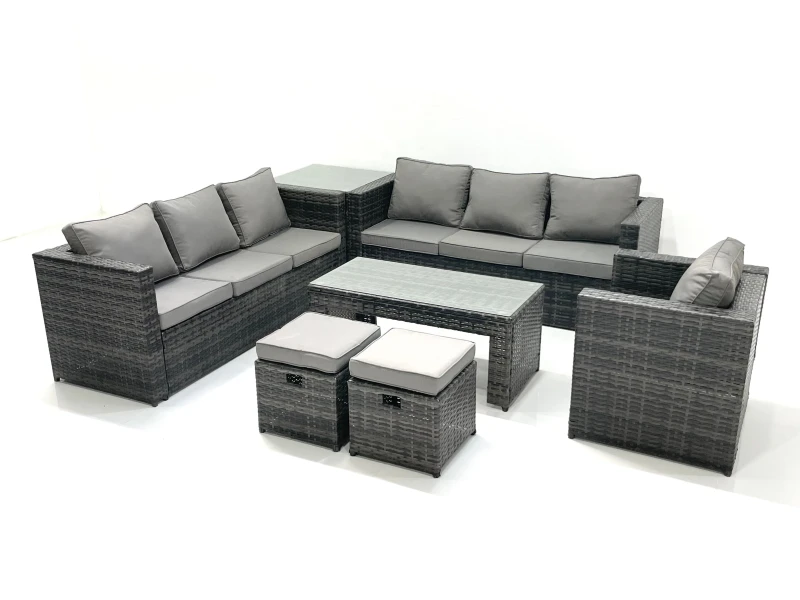 Image of Fimous Rattan Garden Furniture Set Outdoor 9 Seater Patio Conversation Sets with Glass Top Coffee Table Stool Side Table Dark Grey