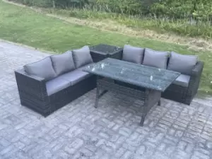 Image of Fimous 6 Seater Outdoor Dark Grey Wicker Rattan Lounge Complete Sofa Set with Regular Rectangular Dining Table