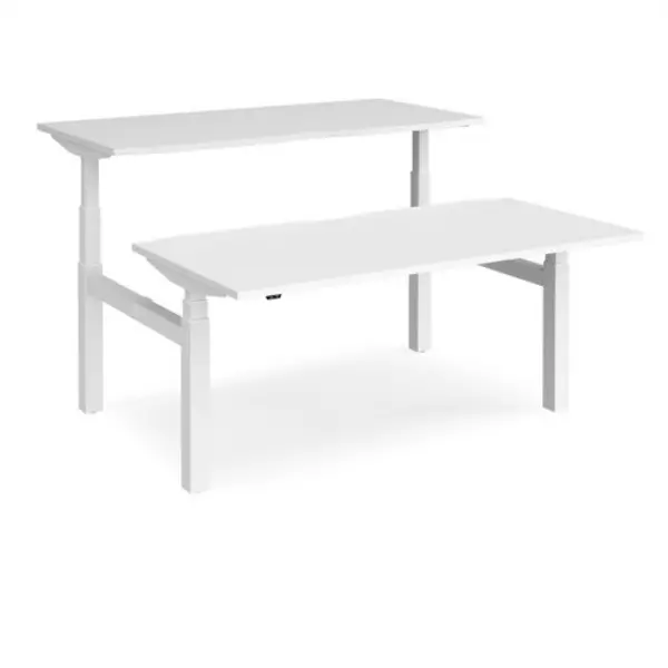 Image of Elev8 Height Adjustable Desk Back To Back Rectangular Desks 1600mm White Tops With White Frames Elev8 Touch White EVTB-1600-WH-WH