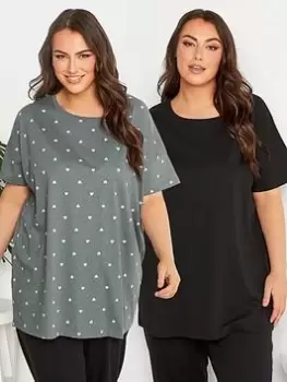 Image of Yours 2 Pack Sleeptee Top Black & Mid Grey Mini Heart, Black, Size 26-28, Women