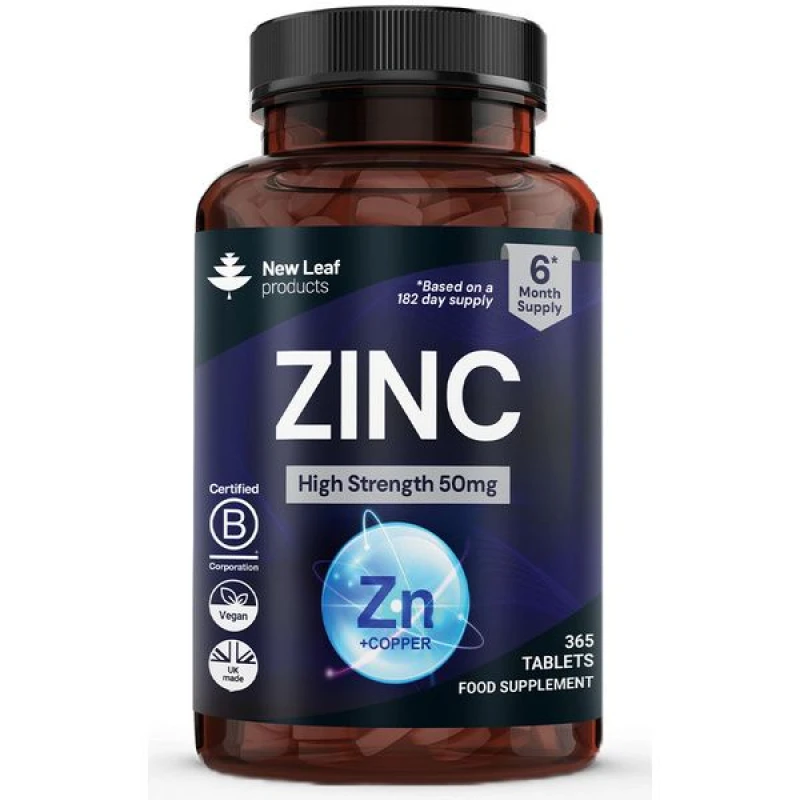 Image of New leaf health Zinc Tablets 50mg High Strength - 365 Zinc Tablets Contributes Towards Immune Function and Maintenance of Healthy Bones, Vision, Hair,