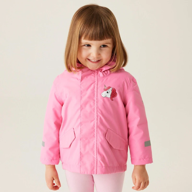 Image of Regatta Girls Animal Rainy Day Waterproof Jacket 48-60 Months (104-110cm) Luna the Unicorn Sweet Pink RKP276G-DAL-48
