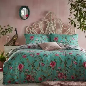 Image of Furn. Vintage Chinoiserie Jade Floral Reversible Duvet Cover and Pillowcase Set Green/Pink