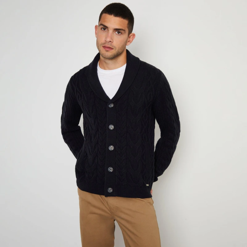 Image of Threadbare Cable Knit Shawl Collar Cardigan With Wool Navy male M