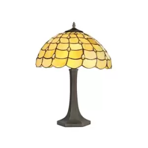 Image of Luminosa Lighting - 2 Light Octagonal Table Lamp E27 With 40cm Tiffany Shade, Beige, Clear Crystal, Aged Antique Brass