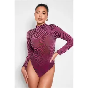 Image of I Saw It First Pink Zebra Print Flocked Mesh Long Sleeve Bodysuit - Pink