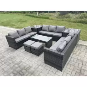 Image of Fimous 9 Seater Outdoor Dark Grey Rattan Lounge Complete Sofa Set with Oblong Rectangular Coffee Table and 2 Stools
