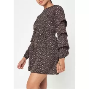 Image of Missguided Floral Print Frill Sleeve Smock Dress - Black