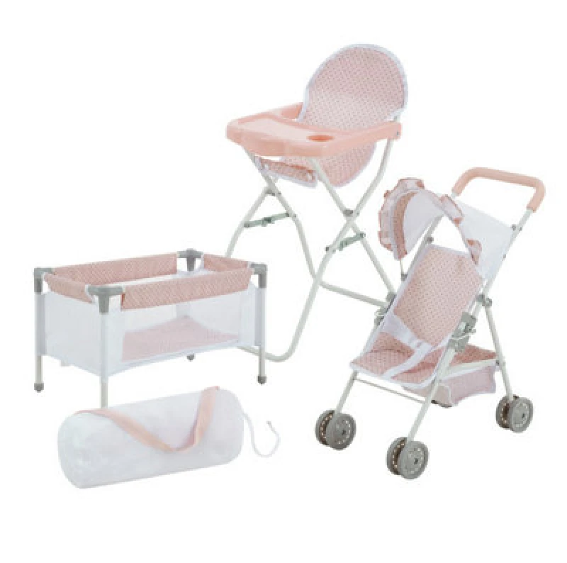 Image of TEAMSON KIDS Teamson Kids - Olivia's Little World Polka Dot Princess Baby Doll 3pc Nursery Set - Crib, High Chair & Stroller, Pink & Gray OL-00024