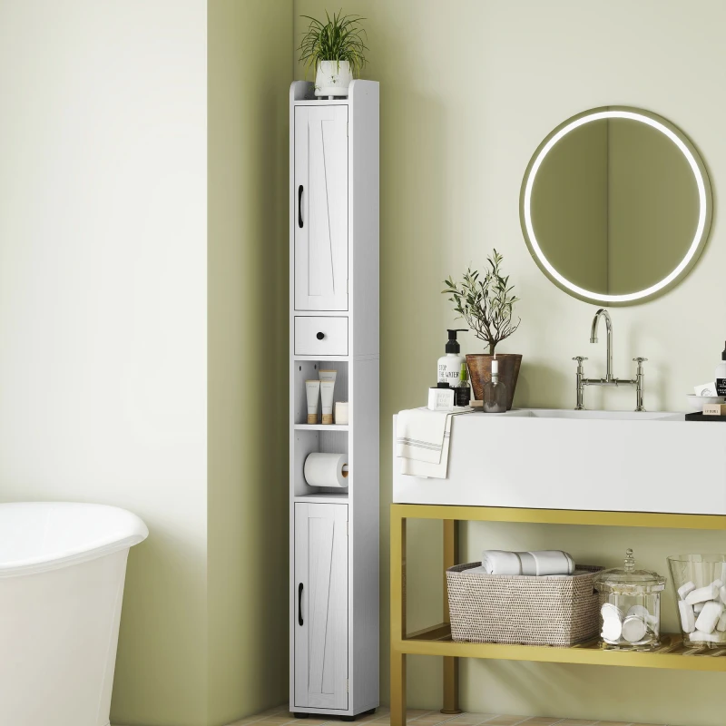 Image of HOMCOM Tall Bathroom Storage Cabinet Slim Bathroom Cabinet with Drawer White White Unisex